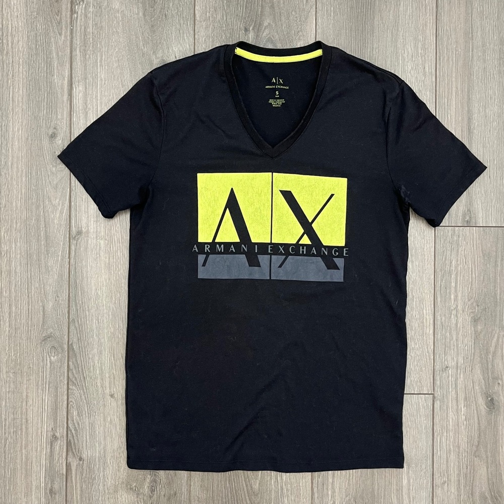 Armani Exchange Mens Slim Fit V-Neck Graphic Logo T-Shirt Black Neon Yellow S